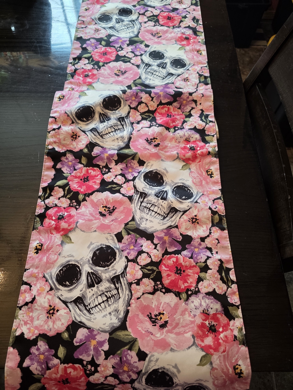 Floral Skull Table Runner in Pink and Black 70 Inches Long